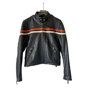 Vintage Leather Moto Biker Jacket Orange White Stripe Womens Size Small